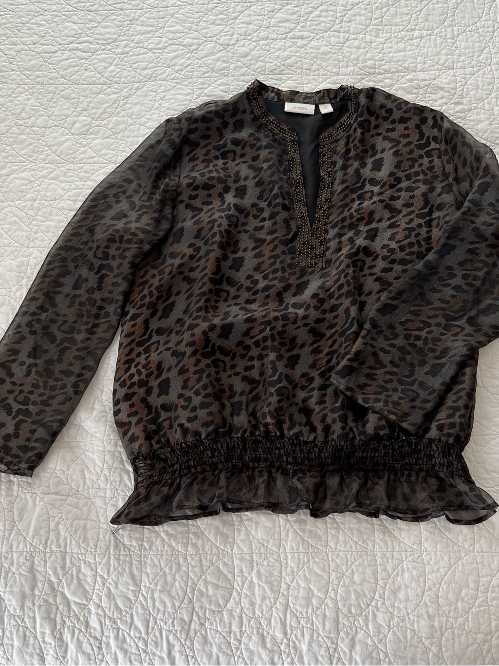 Chico's Sheer Leopard-Print Beaded V-Neck Blouse Black/Brown/Gray Sophisticated